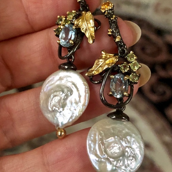 Romantic Genuine Baroque Pearl Earrings with Gems